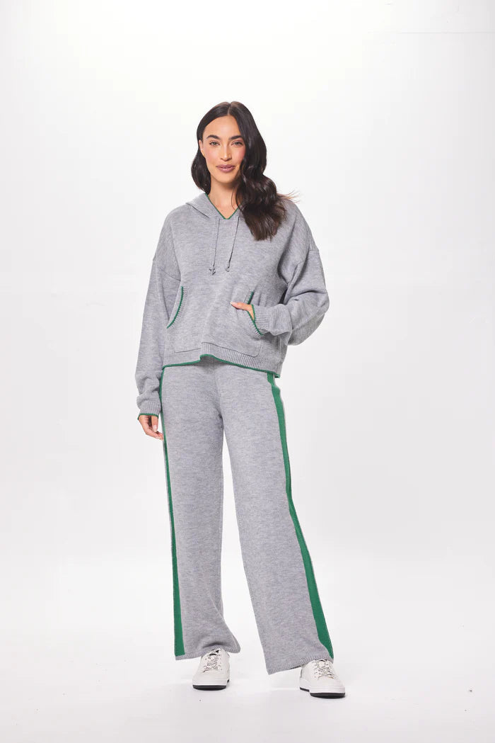 HEATHER W/ FOREST GREEN "PEACE" JACQUARD SWEATER HOODIE