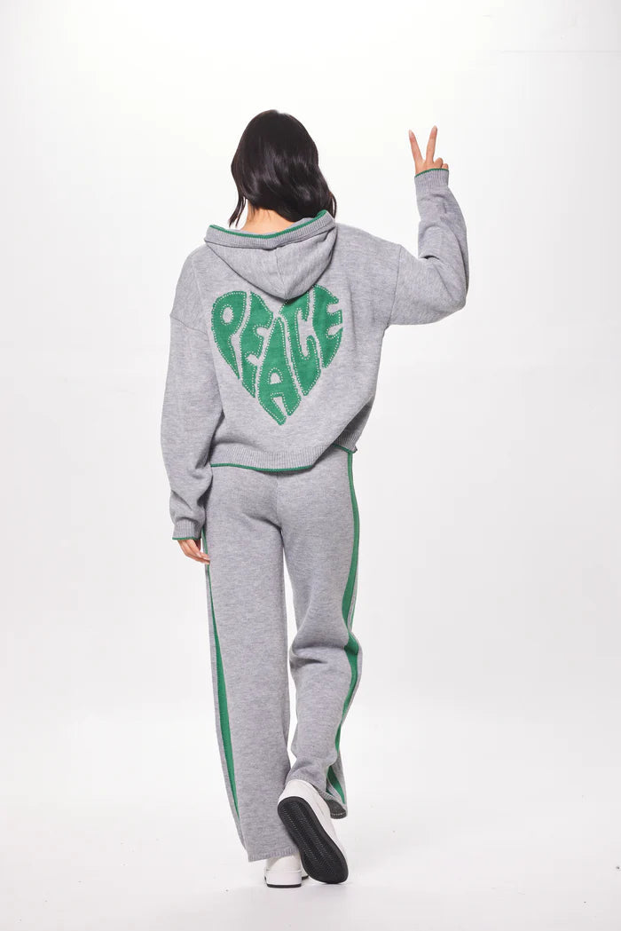 HEATHER W/ FOREST GREEN "PEACE" JACQUARD SWEATER HOODIE
