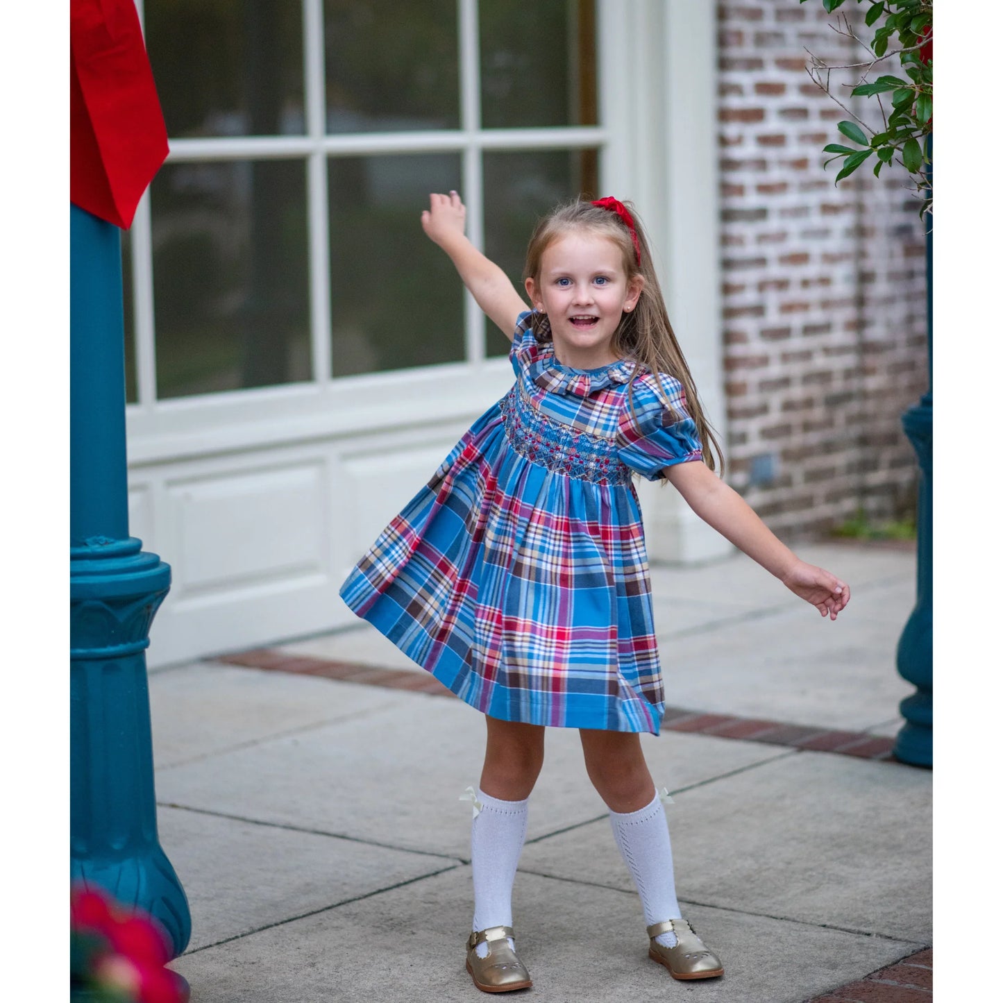 AVERY TARTAN SWIRL SMOCKED DRESS