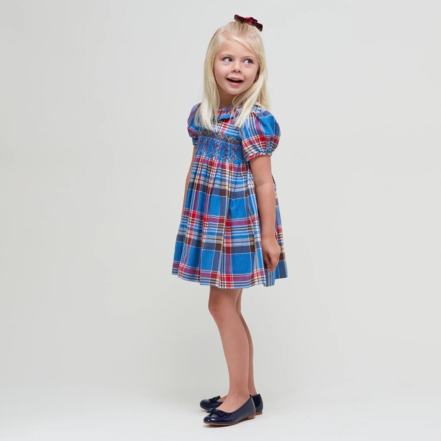 AVERY TARTAN SWIRL SMOCKED DRESS