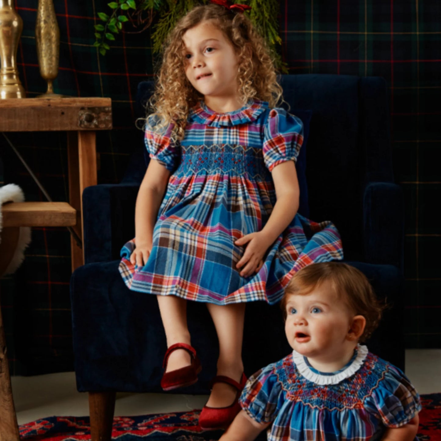 AVERY TARTAN SWIRL SMOCKED DRESS