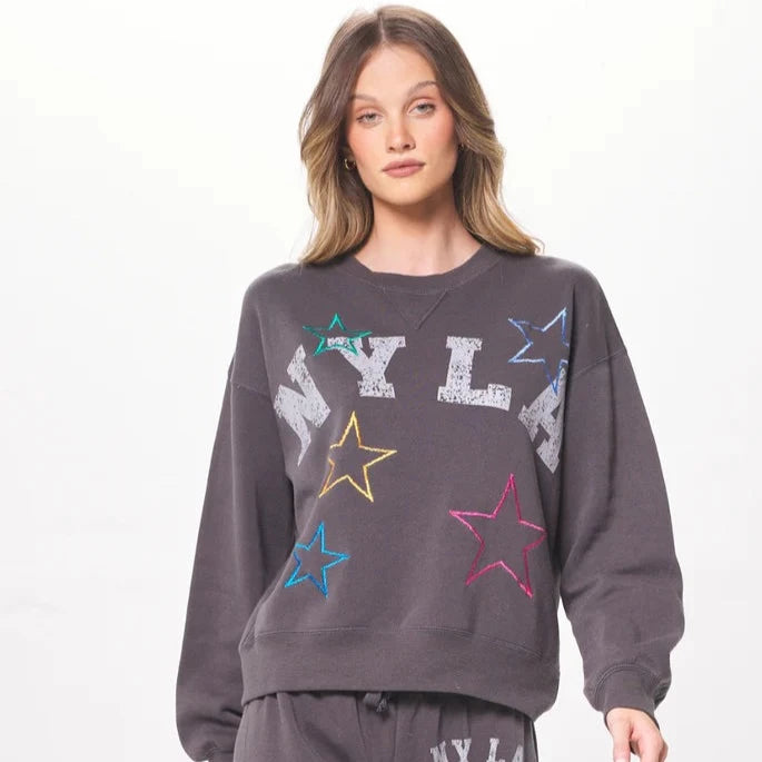 COOL CHARCOAL W/ STAR EMBROIDERY FLEECE CREWNECK