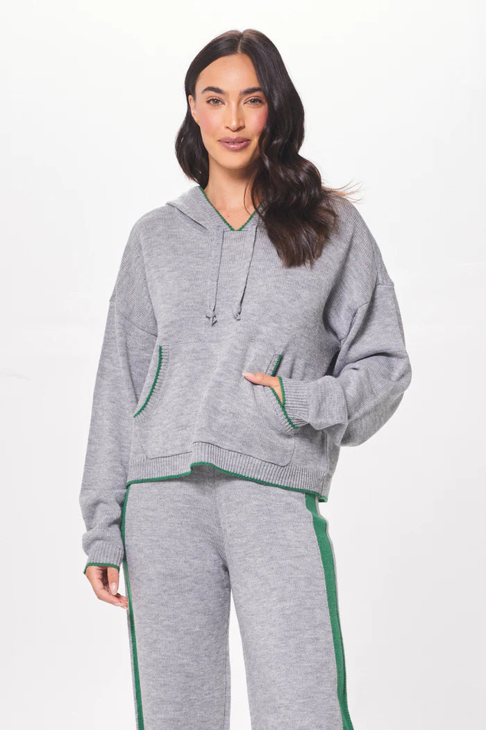 HEATHER W/ FOREST GREEN "PEACE" JACQUARD SWEATER HOODIE