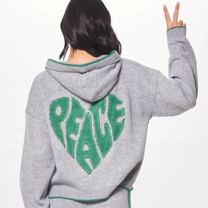 HEATHER W/ FOREST GREEN "PEACE" JACQUARD SWEATER HOODIE